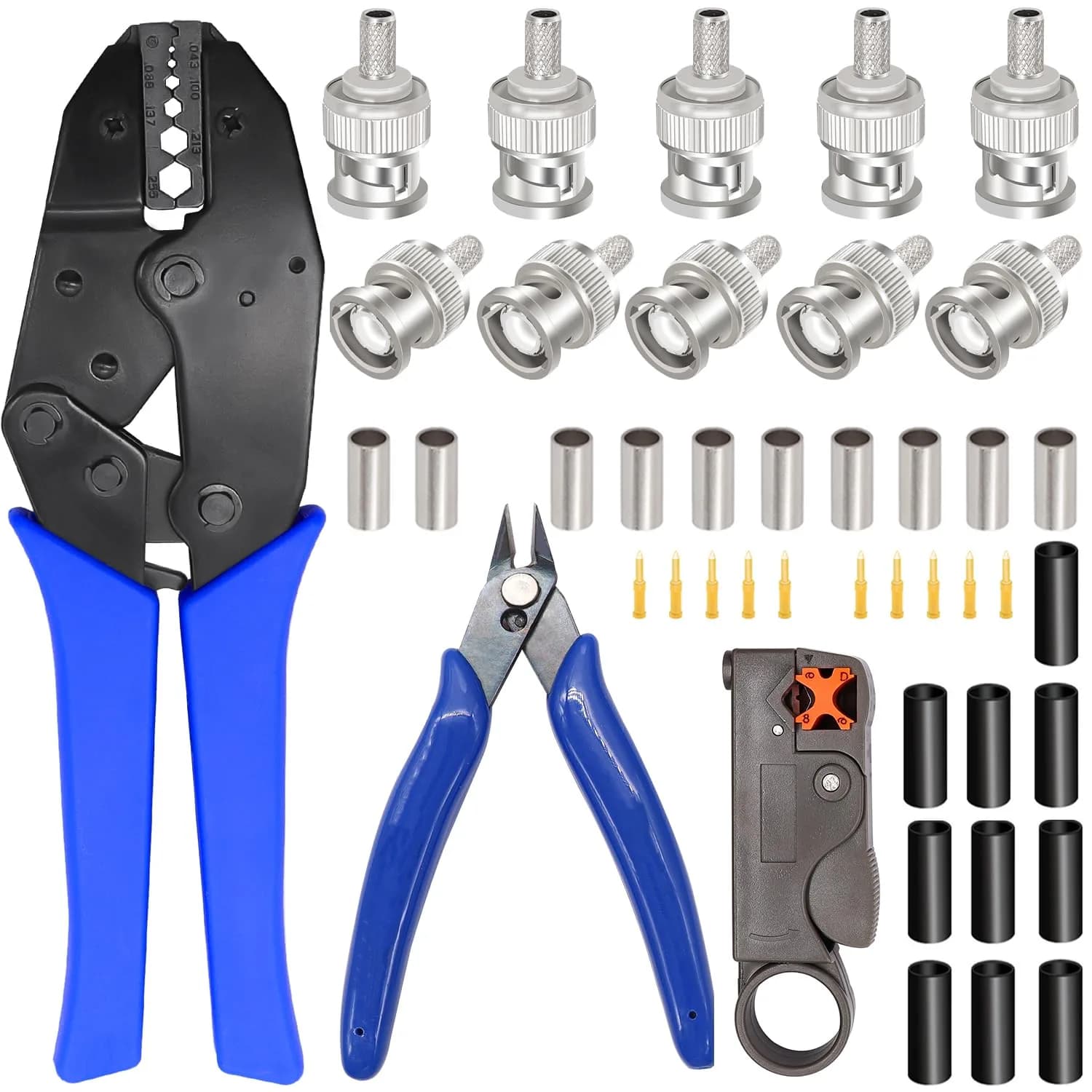 Taiss Coaxial Cable Tool Kit with BNC Crimp Tool & 10 Connectors | 0.715 kg (1.58 lb) Ratchet Crimper