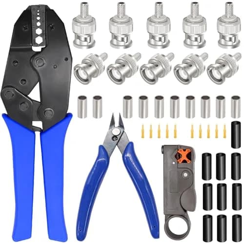 Taiss Coaxial Cable Tool Kit with BNC Crimp Tool & 10 Connectors | 0.715 kg (1.58 lb) Ratchet Crimper thumbnail 1