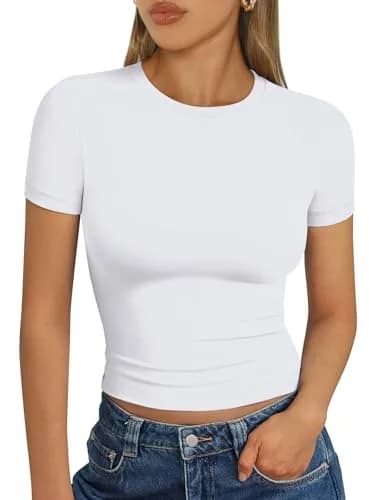 Trendy Queen Womens Short Sleeve T Shirt Slim Fit Crew Neck White XL | Buttery Soft Stretch Fabric thumbnail 1