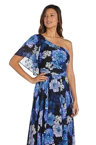 Nightway Women's One-Shoulder Floral Hi-Lo Gown | Flowy Maxi Dress W/Flutter Sleeve & Draped Bodice | Evening Cocktail Party Black/Royal thumbnail 2