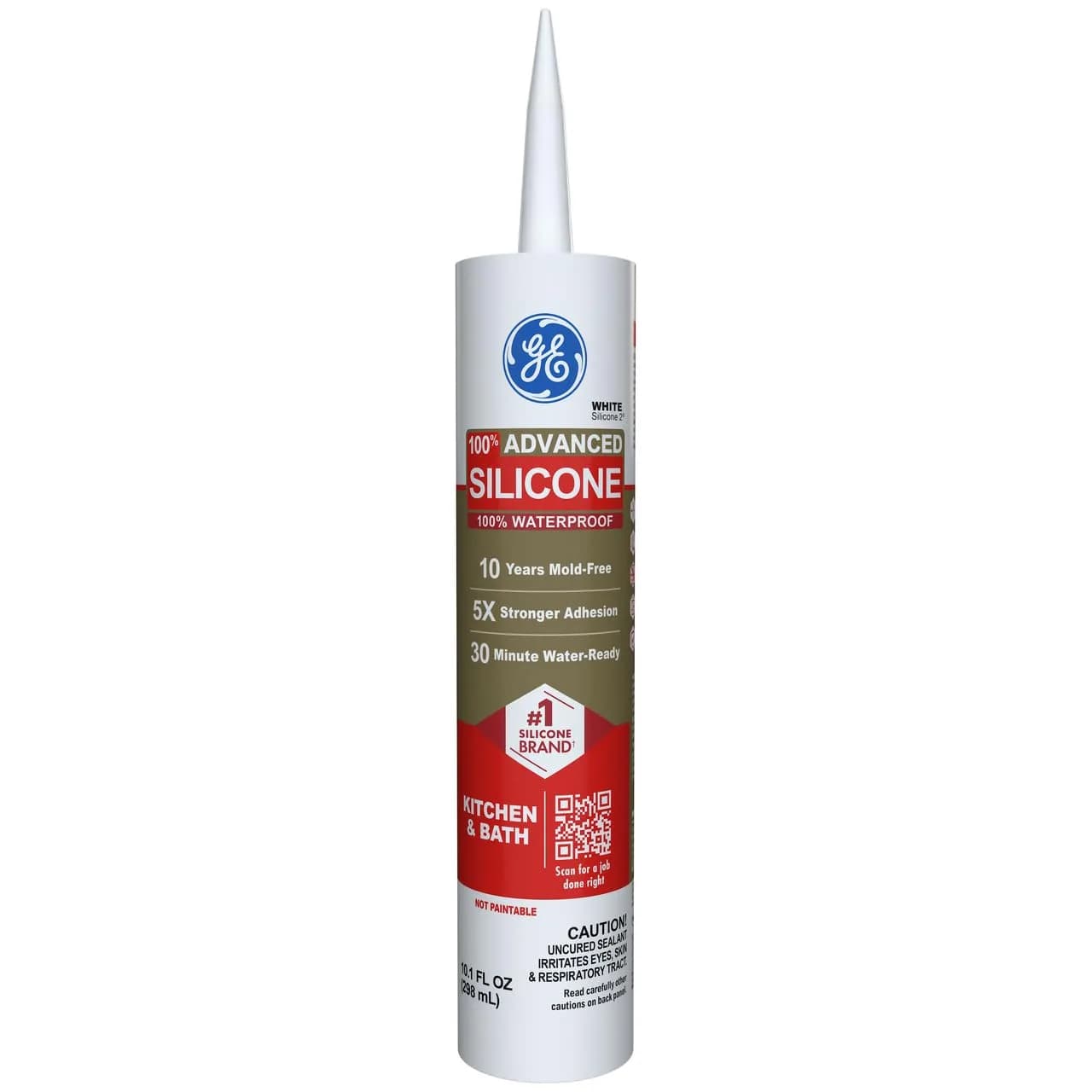 GE Advanced Silicone Caulk for Kitchen & Bathroom, White, 10.1 fl oz (300 ml) | 5X Stronger Adhesion, Waterproof Sealant