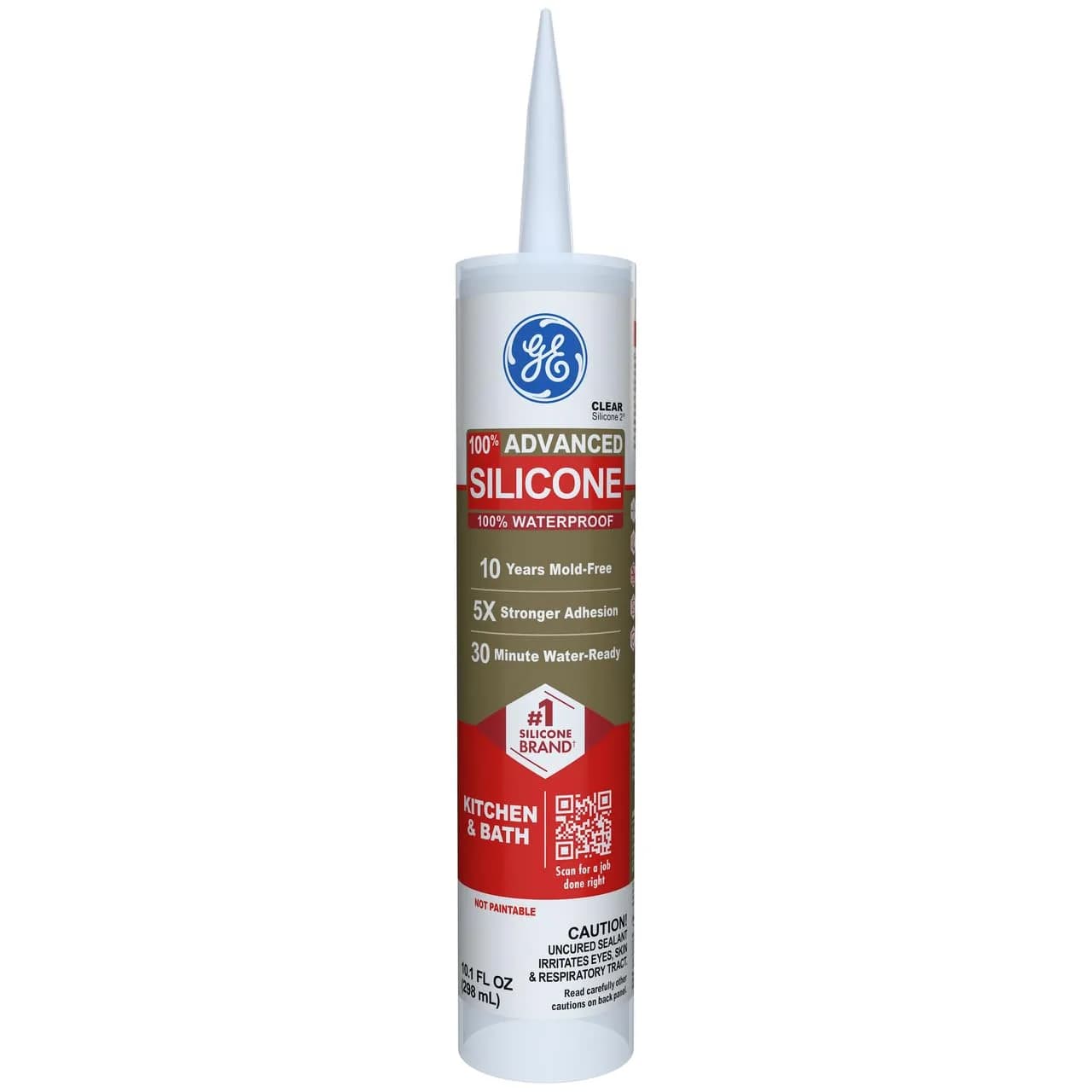GE Advanced Silicone Caulk for Kitchen & Bathroom, Clear 295ml (10 fl oz) | 100% Waterproof Sealant - main product image