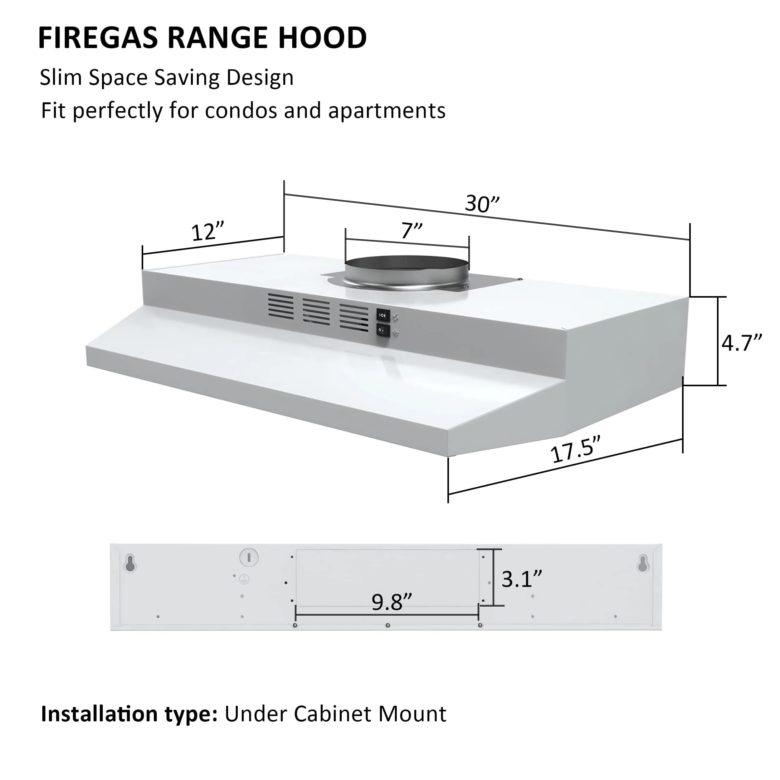 FIREGAS 30 inch Under Cabinet Range Hood | 300 CFM, 2-Speed Exhaust Fan, White - view 8