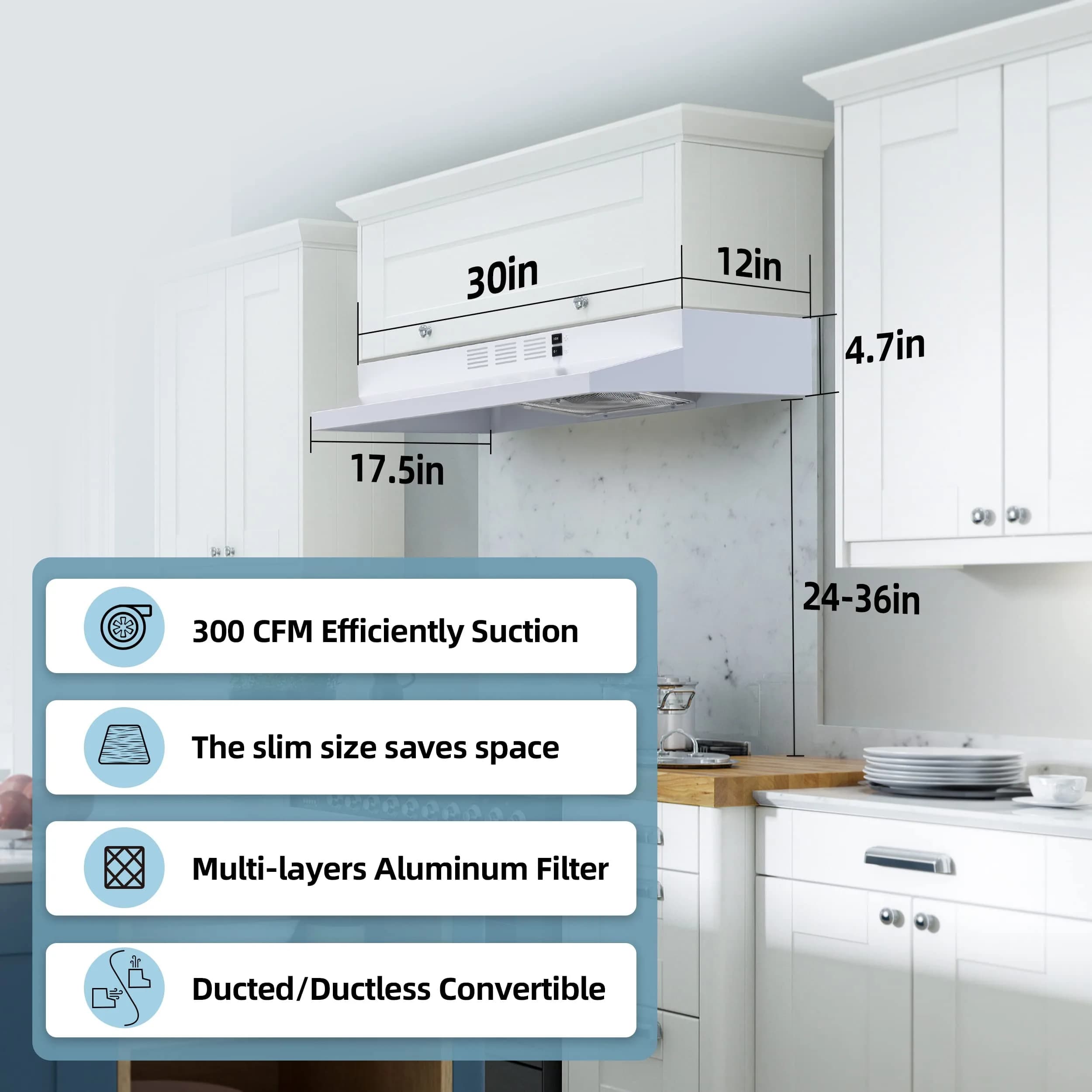 FIREGAS 30 inch Under Cabinet Range Hood | 300 CFM, 2-Speed Exhaust Fan, White - view 2