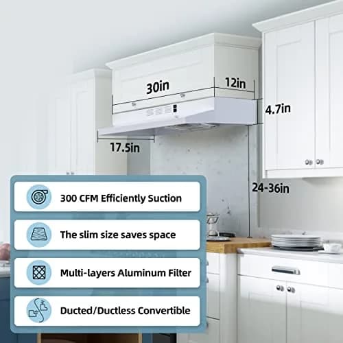 FIREGAS 30 inch Under Cabinet Range Hood | 300 CFM, 2-Speed Exhaust Fan, White thumbnail 2