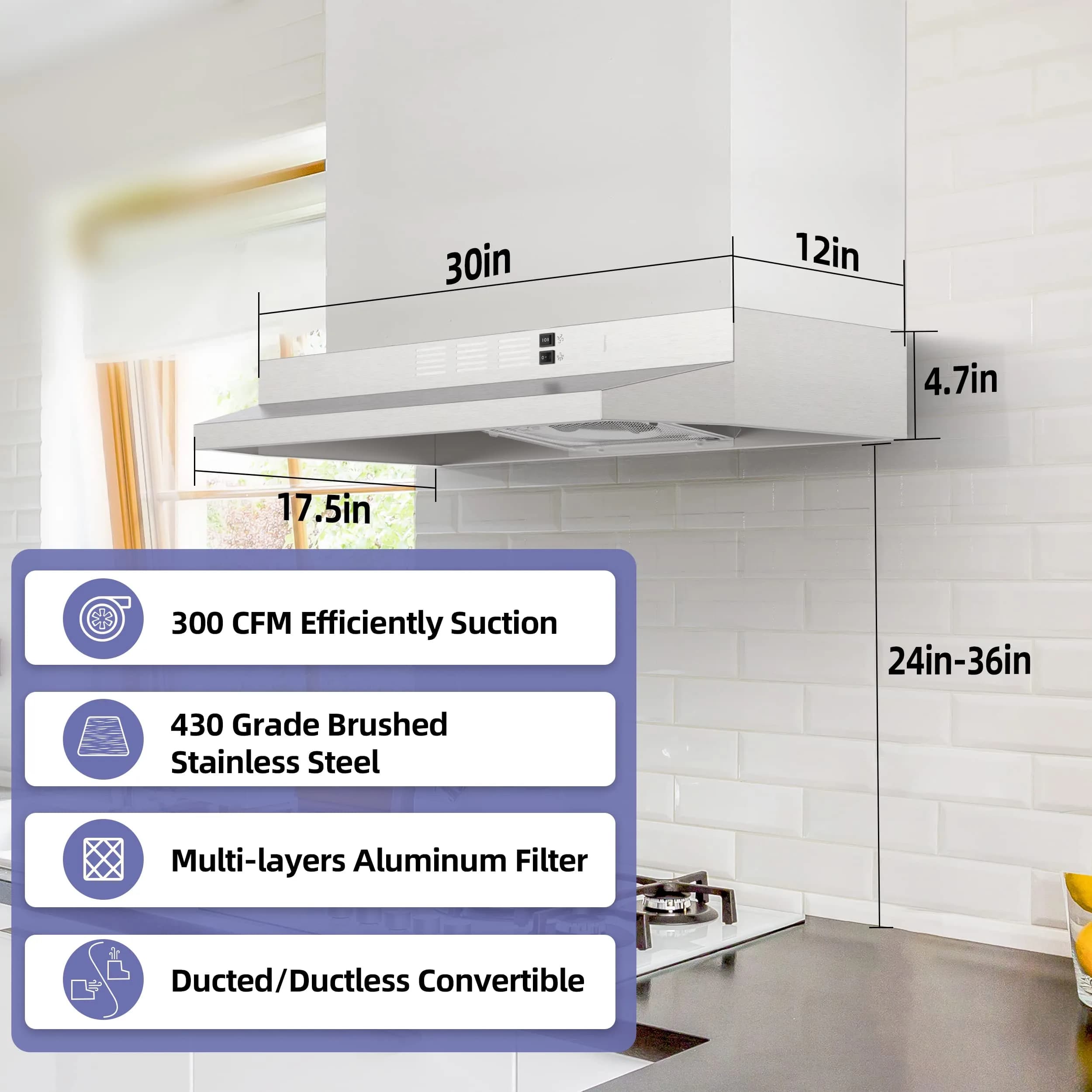 FIREGAS 76.2cm (30 Inch) Stainless Steel Under Cabinet Range Hood | 300 CFM Ducted/Ductless Convertible - view 2