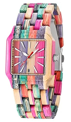 Dentily Women's Square Wood Watch Handmade Natural Wood Quartz Ladies Wristwatch with Multicolor Band | Adjustable Size thumbnail 1