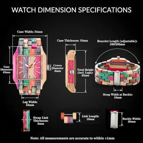 Dentily Women's Square Wood Watch Handmade Natural Wood Quartz Ladies Wristwatch with Multicolor Band | Adjustable Size thumbnail 4