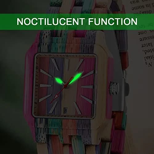 Dentily Women's Square Wood Watch Handmade Natural Wood Quartz Ladies Wristwatch with Multicolor Band | Adjustable Size thumbnail 5