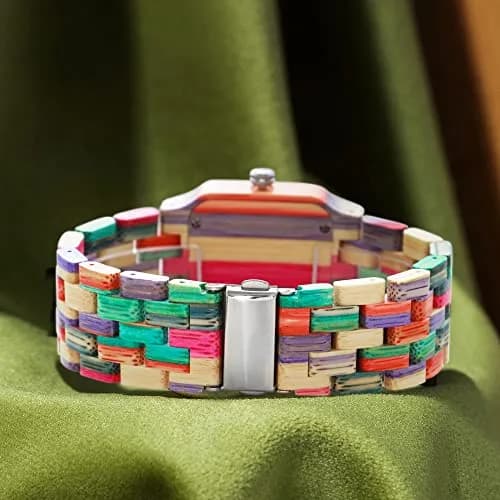 Dentily Women's Square Wood Watch Handmade Natural Wood Quartz Ladies Wristwatch with Multicolor Band | Adjustable Size thumbnail 6