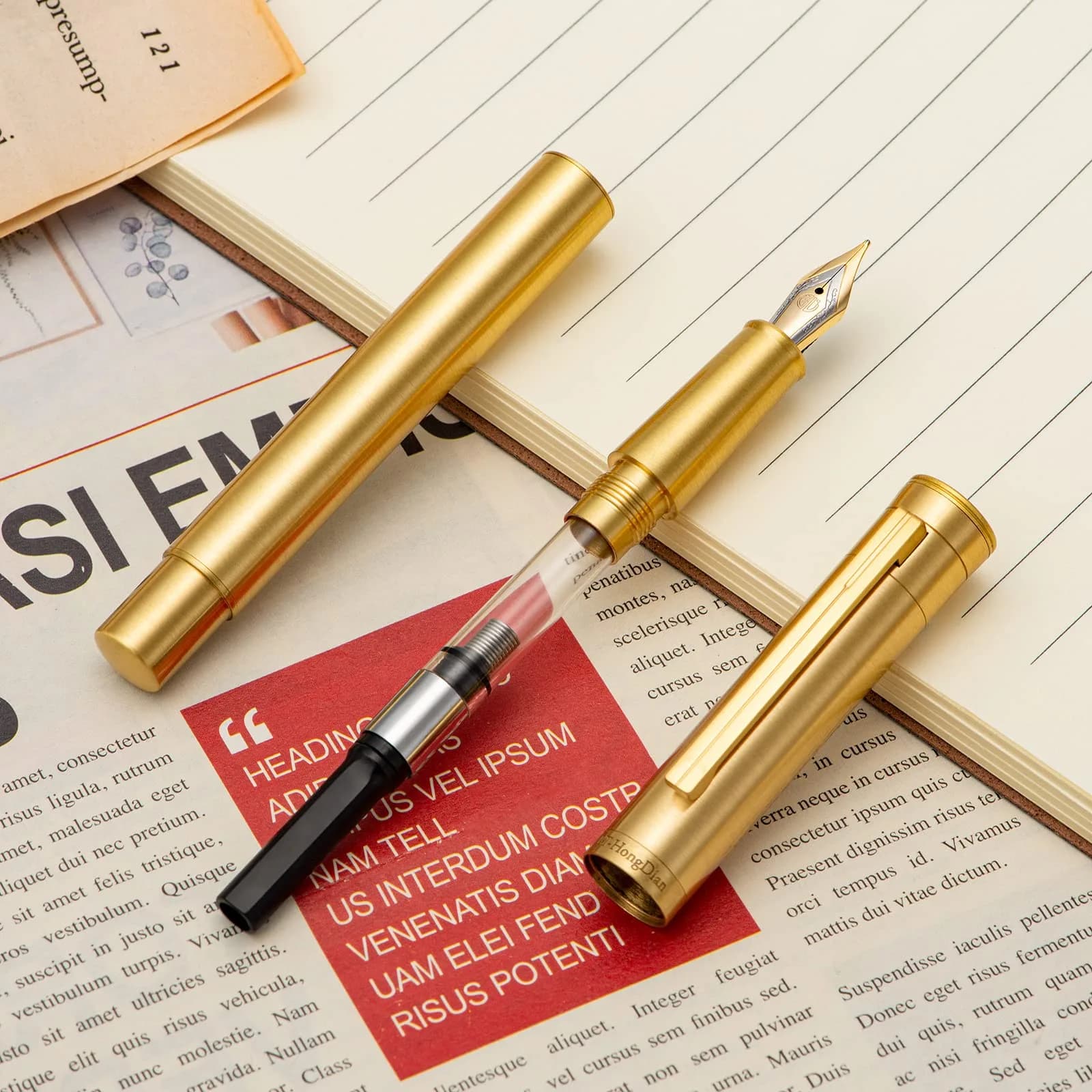 Asvine 1861 Brass Fountain Pen with Long Blade Nib, Classic Design, Smooth Writing, Converter & Metal Case Set | 0.7-0.9 mm - view 5