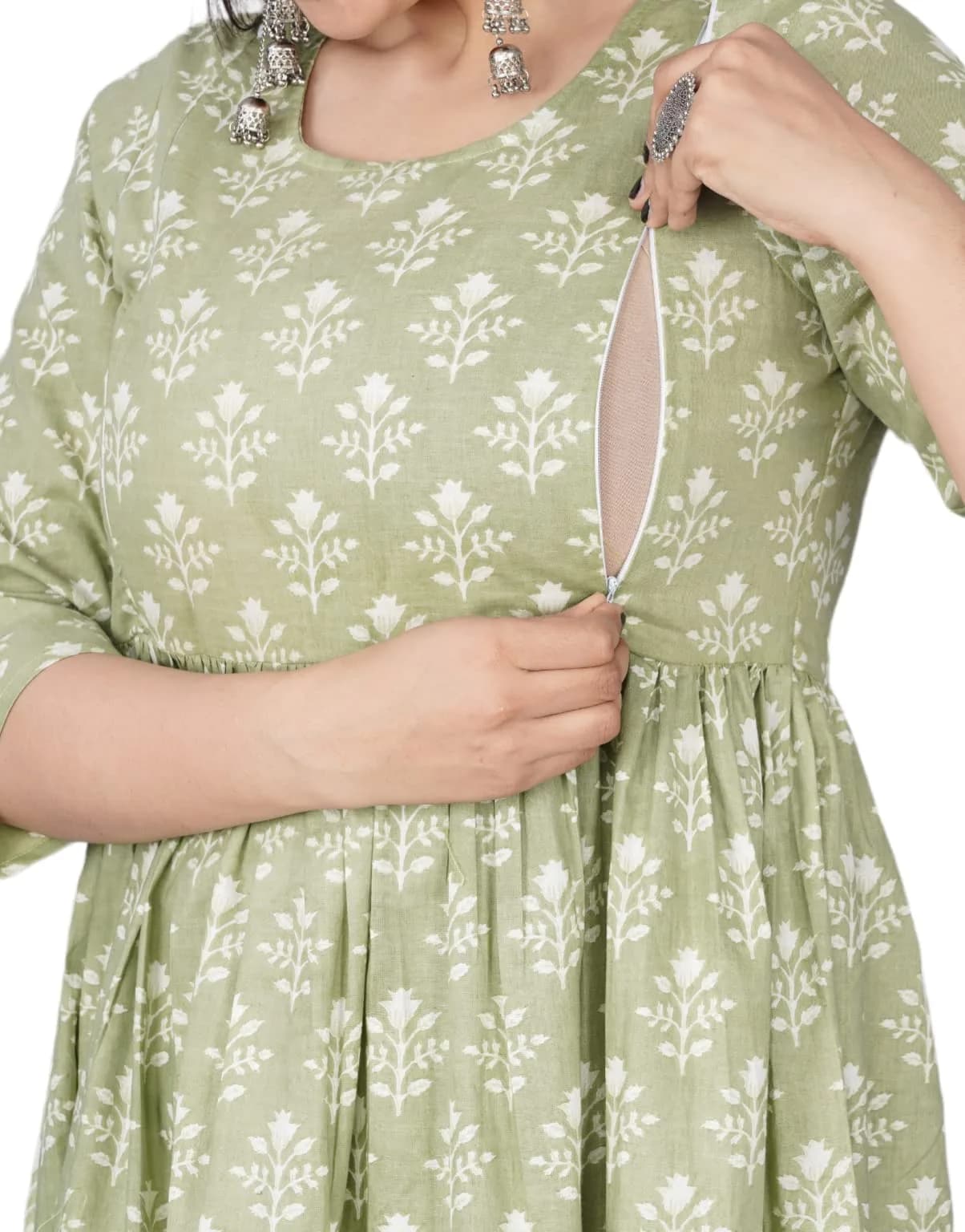 Jikonet Green Floral Maternity Kurti Dress XX-Large (47 Inch / 119.4 cm) | Long Sleeve Breastfeeding Friendly — Cardamom