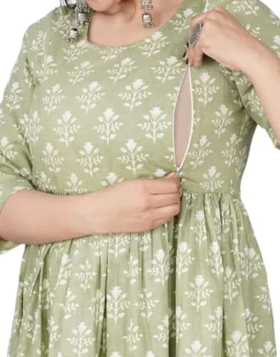 Jikonet Women's Maternity Floral Maxi Dress with Long Sleeves & Concealed Zips - Cardamom Green, Large (47 Inch Length) thumbnail 1
