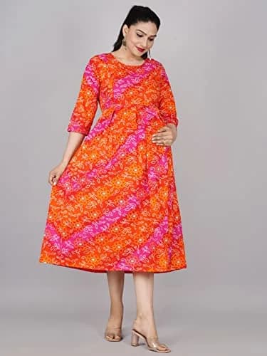 Jikonet Women's Maternity Red Dress Kurti for Pregnancy & Breastfeeding | Casual Floral Maxi with Long Sleeves thumbnail 6