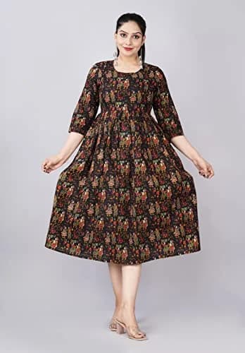 Jikonet Women's Maternity Kurti for Pregnancy with Breastfeeding - Black Floral Maxi Dress with Long Sleeves thumbnail 2