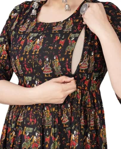 Jikonet Black Maternity Kurti Dress for Women with Breastfeeding - Maxi Dress with Long Sleeves and Floral Design (Small, 47 Inch Length) thumbnail 1