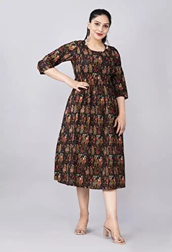 Jikonet Black Maternity Kurti Dress for Women with Breastfeeding - Maxi Dress with Long Sleeves and Floral Design (Small, 47 Inch Length) thumbnail 5