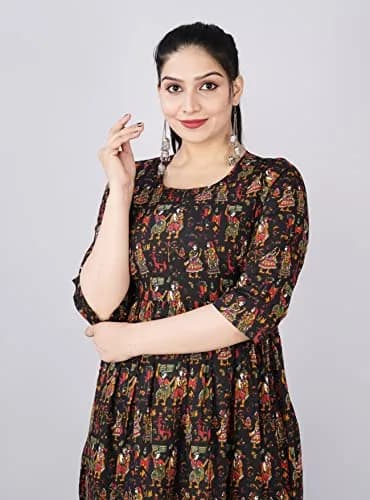Jikonet Black Maternity Kurti Dress for Women with Breastfeeding - Maxi Dress with Long Sleeves and Floral Design (Small, 47 Inch Length) thumbnail 6