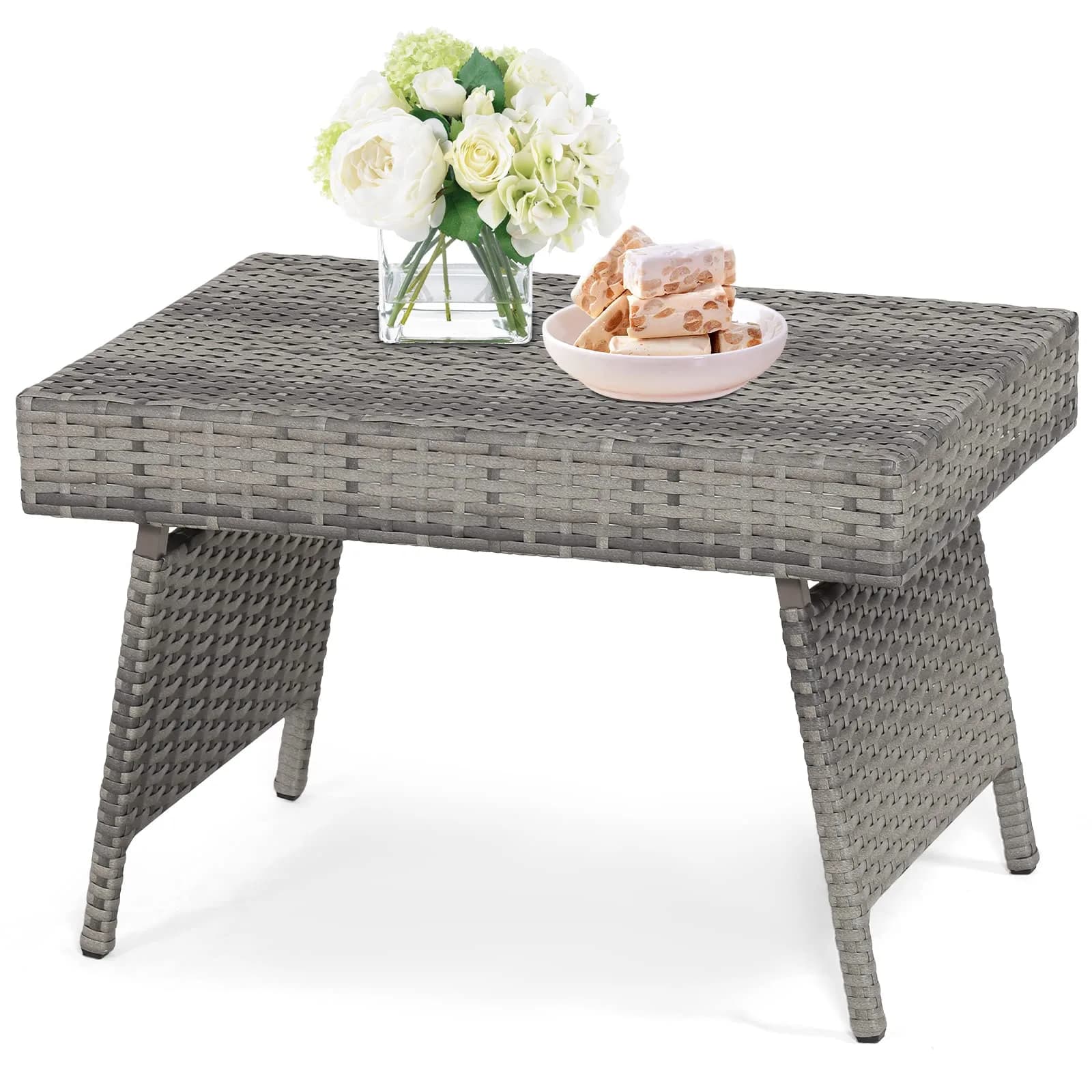 HAPPYGRILL Outdoor Wicker Table Folding Rattan Side Table 24" x 16" | Foldable Patio Garden Table