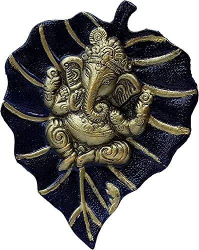 Craft Trade Navy Blue Leaf Ganesha Wall Hanging 19cm (7.5in) x 15cm (6in) | Vastu Item for Good Luck thumbnail 1