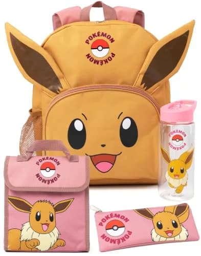 Pokémon Eevee Kids 4 Piece Backpack Set Brown Pink Rucksack Lunch Bag Pencil Case Water Bottle School Accessories Bundle thumbnail 1