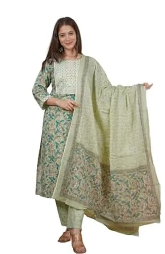 Meera Fab Women's Cotton Printed Green Kurta Set | Embroidery with Palazzo & Dupatta (70-120 chars) thumbnail 1