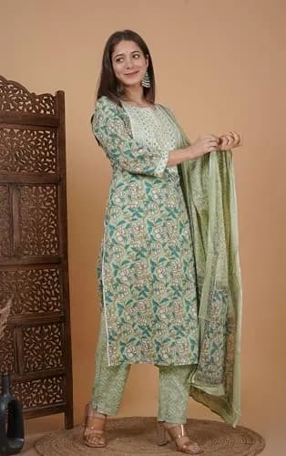Meera Fab Women's Cotton Printed Green Kurta Set | Embroidery with Palazzo & Dupatta (70-120 chars) thumbnail 6