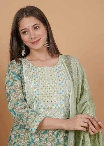 Meera Fab Women's Cotton Printed Green Kurta Set | Embroidery with Palazzo & Dupatta (70-120 chars) thumbnail 7