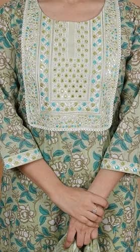 Meera Fab Women's Cotton Printed Green Kurta Set | Embroidery with Palazzo & Dupatta (70-120 chars) thumbnail 8