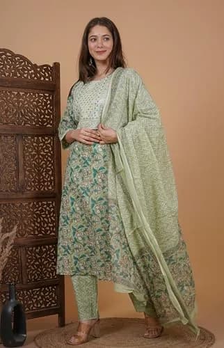 Meera Fab Women's Cotton Printed Green Kurta Set | Embroidery with Palazzo & Dupatta (70-120 chars) thumbnail 9