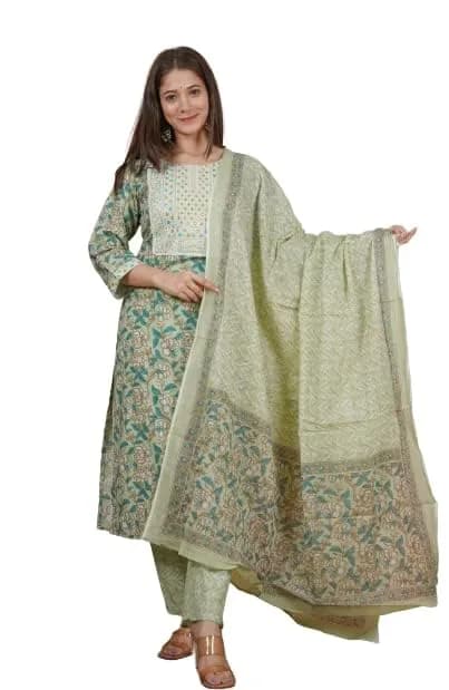 Meera Fab Women's Cotton Printed Green Kurta Set | Embroidery with Palazzo & Dupatta (70-120 chars) thumbnail 2
