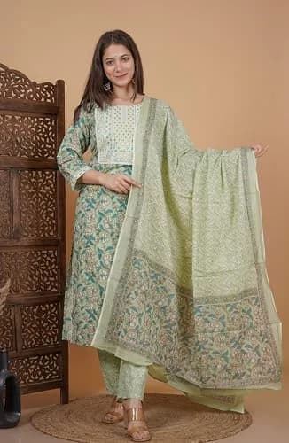 Meera Fab Women's Cotton Printed Green Kurta Set | Embroidery with Palazzo & Dupatta (70-120 chars) thumbnail 4