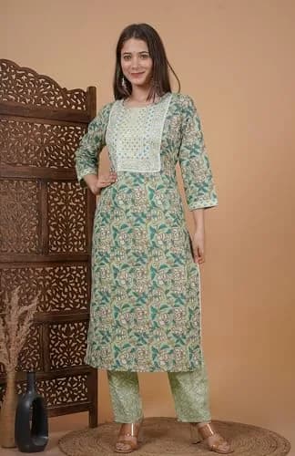 Meera Fab Women's Cotton Printed Green Kurta Set | Embroidery with Palazzo & Dupatta (70-120 chars) thumbnail 5