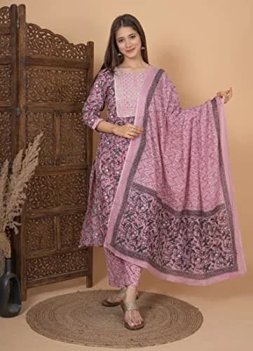 Meera Fab Women's Cotton Printed Kurta Set XX-Large Pink | Light & Soft for Indian Climate thumbnail 4