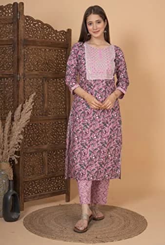 Meera Fab Women's Cotton Printed Kurta Set XX-Large Pink | Light & Soft for Indian Climate thumbnail 5