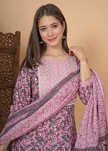 Meera Fab Women's Cotton Printed Kurta Set XX-Large Pink | Light & Soft for Indian Climate thumbnail 6