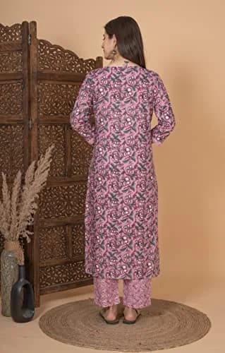 Meera Fab Women's Cotton Printed Kurta Set XX-Large Pink | Light & Soft for Indian Climate thumbnail 8