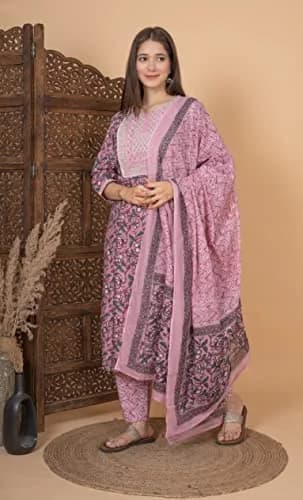 Meera Fab Women's Cotton Printed Kurta Set XX-Large Pink | Light & Soft for Indian Climate thumbnail 2