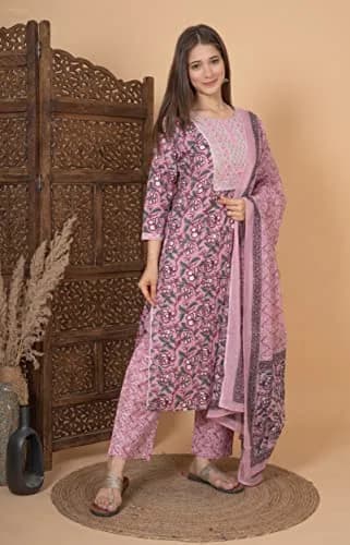 Meera Fab Women's Cotton Printed Kurta Set XX-Large Pink | Light & Soft for Indian Climate thumbnail 3