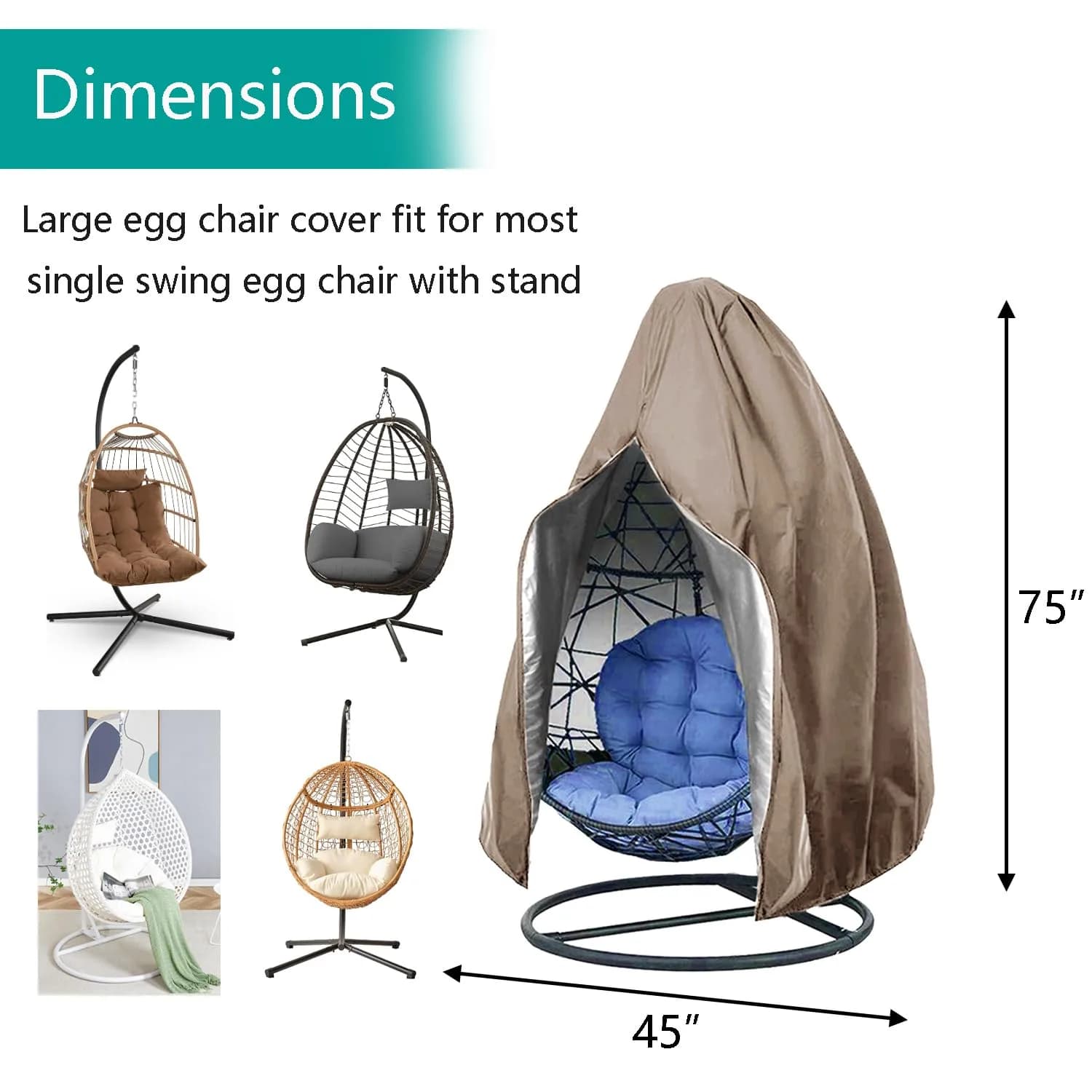 FLYMEI Patio Egg Chair Cover 75" x 45" Khaki | Heavy Duty Waterproof & Windproof Outdoor Protection - view 3