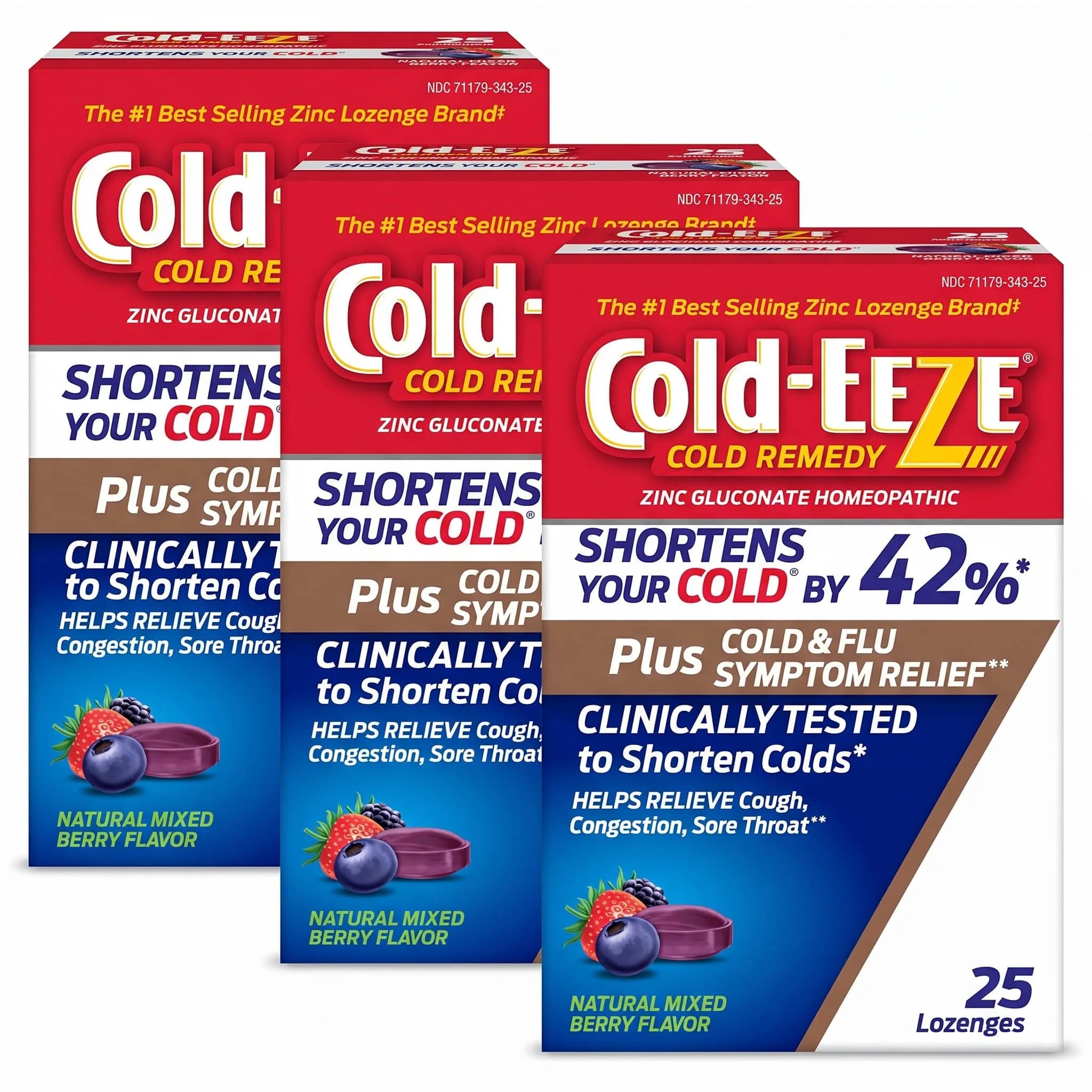 Cold-Eeze Plus Cold & Flu Zinc Lozenges 25 Count | Natural Mixed Berry, Homeopathic Relief, Shortens Cold Duration