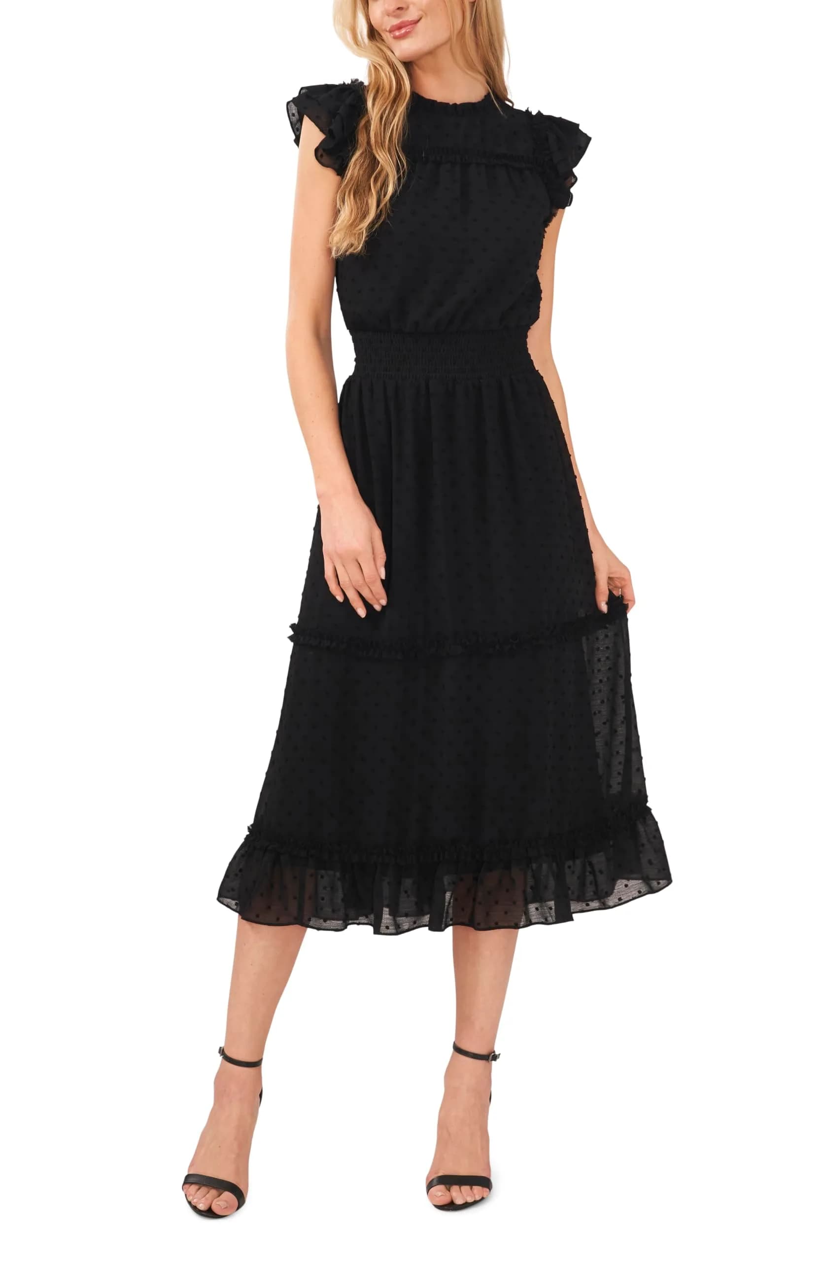 CeCe Flutter Sleeve Smocked Waist Midi Dress Rich Black | Feminine, Comfortable All-Day Wear