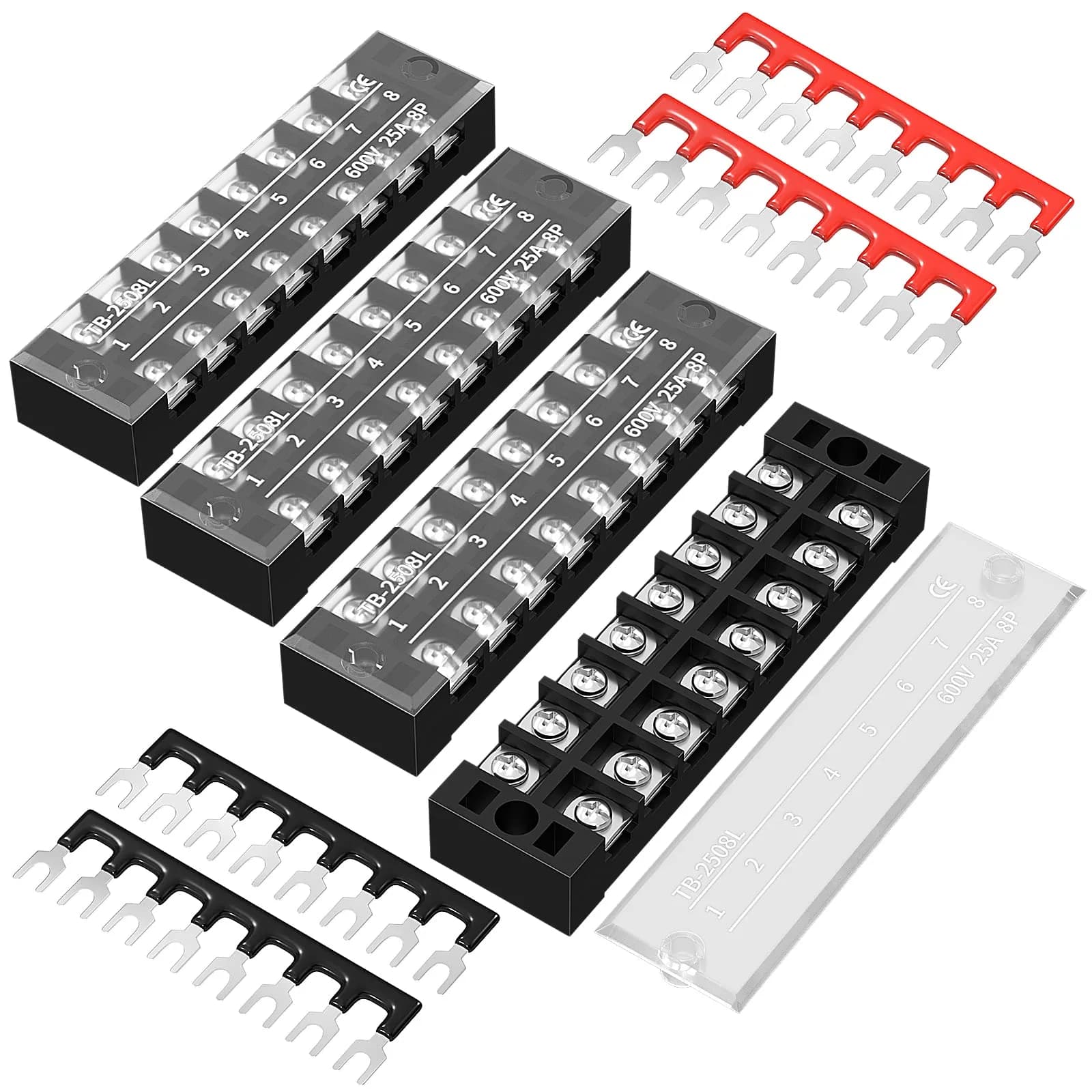 Joinfworld 600V 25A 8-Position Dual Row Terminal Block with Cover & Jumpers (4-Pack) | Industrial Power Distribution