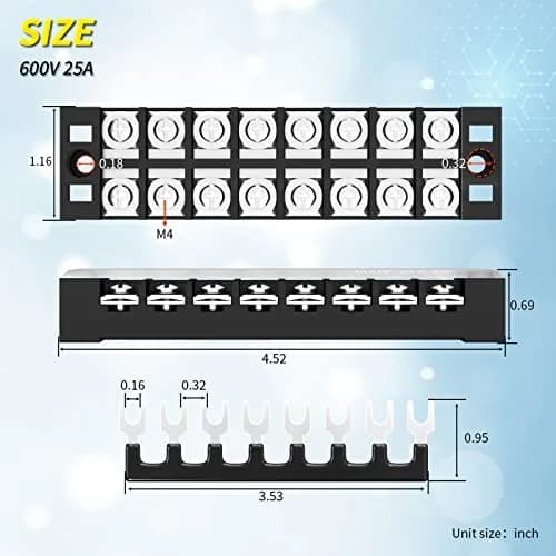 Joinfworld 600V 25A 8-Position Dual Row Terminal Block with Cover & Jumpers (4-Pack) | Industrial Power Distribution thumbnail 2
