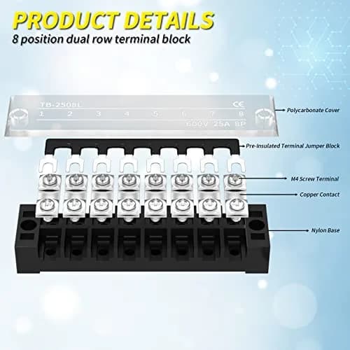 Joinfworld 600V 25A 8-Position Dual Row Terminal Block with Cover & Jumpers (4-Pack) | Industrial Power Distribution thumbnail 3