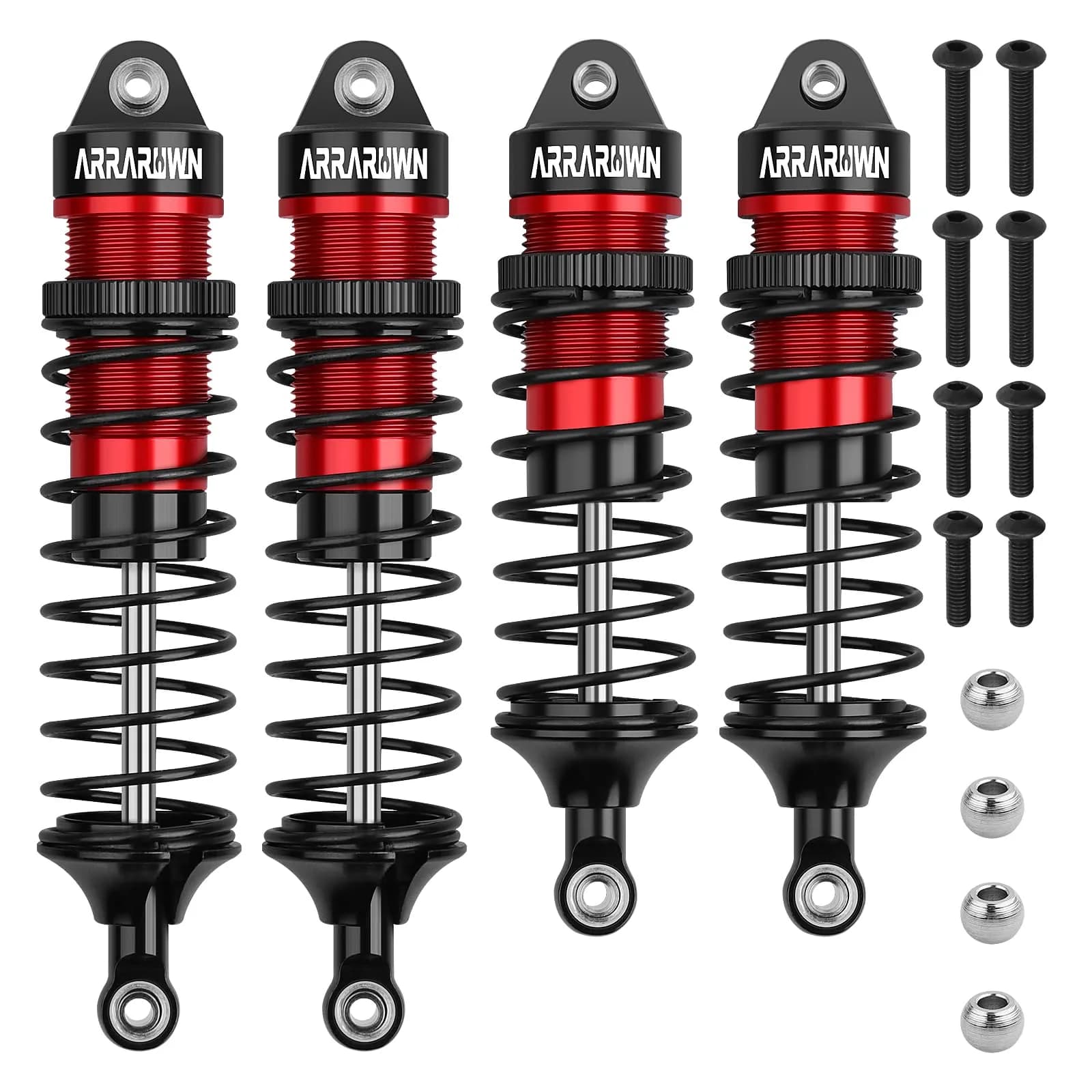 ARRAROWN 4PCS 1/10 RC Car Shocks Front & Rear Shock Absorber Set 100mm/90mm Front, 115mm/105mm Rear | CNC Machined Metal Upgrade Parts — Black Red