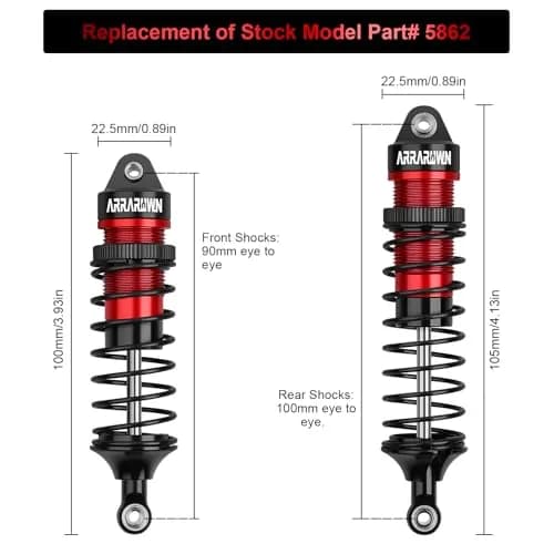 ARRAROWN 4PCS 1/10 RC Car Shocks Front & Rear Shock Absorber Set 100mm/90mm Front, 115mm/105mm Rear | CNC Machined Metal Upgrade Parts thumbnail 3