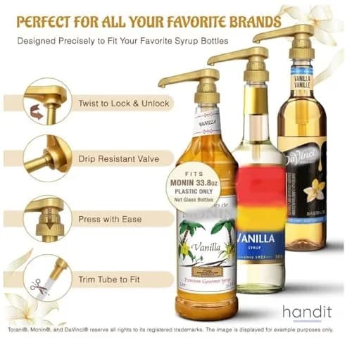 HANDIT Gold Coffee Syrup Pumps for Torani & Davinci Bottles | 8cc (0.25 oz) Dispense | 4-Pack thumbnail 2