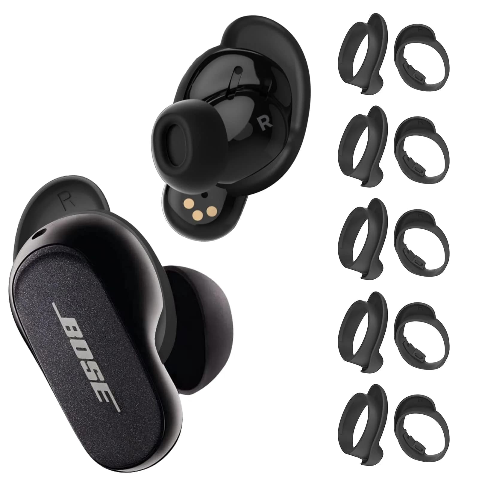 WOFRO Bose QuietComfort Ear Tips Covers - 5 Pairs, Anti Slip Silicone Sport Wingtip, Compatible with QC Earbuds 2 & Ultra (Black) | Secure Fit & Comfort — Black