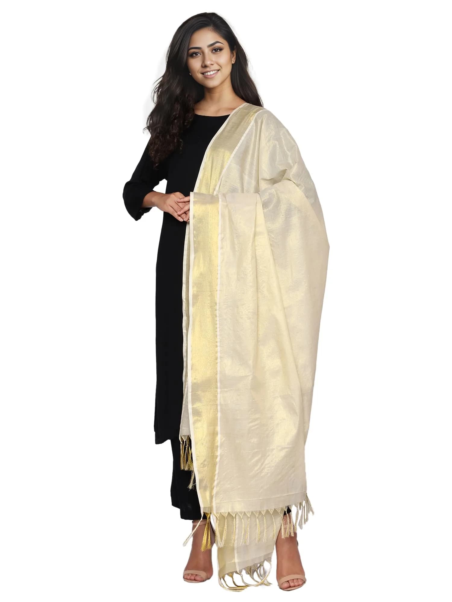 Fashily Women's Off White Cotton Dupatta (Gold Kasavu) | Traditional Kerala Style - main product image